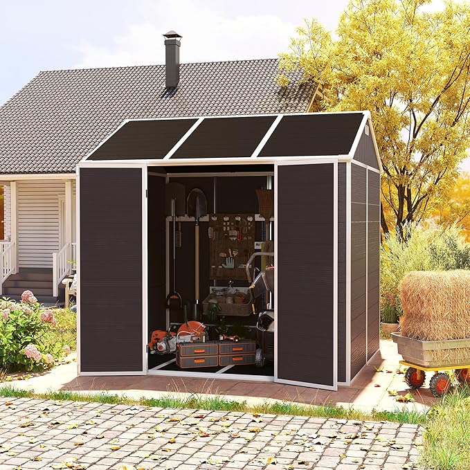 MyVoice 8x7 FT Outdoor Resin Storage Shed with HD Window, Rustproof Waterproof Garden Tool Shed, 12mm Thickened PP Panels, Large Capacity Outdoor Utility House for Backyard Patio (with Floor)