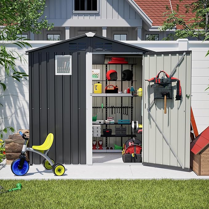 6x4 FT Outdoor Storage Shed,Metal Shed with Window,Garden Shed W/Dual Air Vents & Lockable Sliding Door,All Weather Waterproof Tool House W/Sloped Roof,for Patio,Yard,Lawn,Black