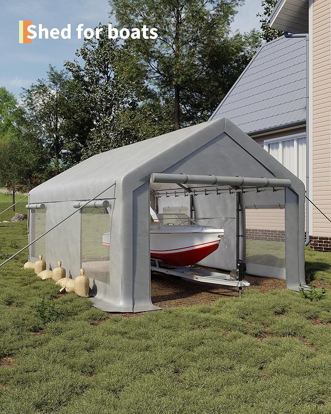 12x20 Ft Carport, Car Port with 200g PE Tarp, Roll-Up Doors, and 4 Windows, for Full-Size Pickups, Bass Boats, Tractors, and SUVs, White