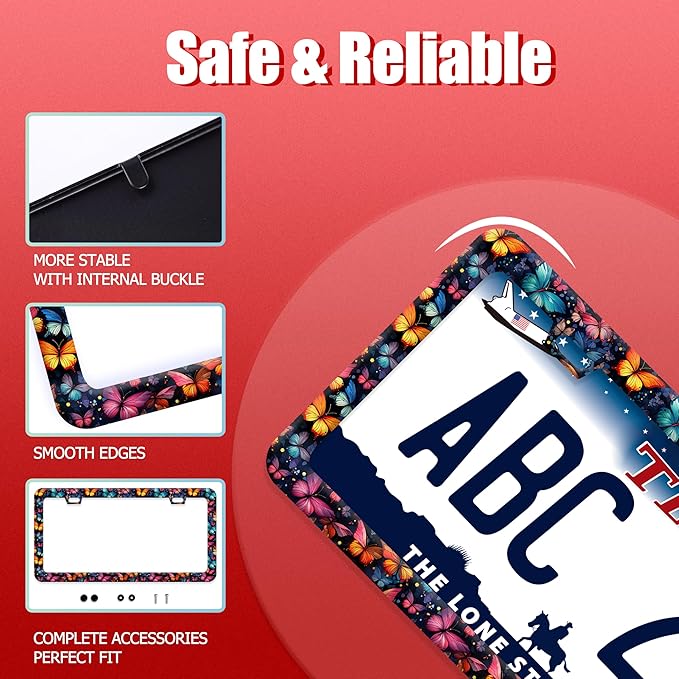 Butterfly License Plate Frame Funny Colorful License Plate Frames Stainless Steel Accessories Cars Decor with 2 Holes and Screws Fits Standard Us Ca Vehicles License Plate Holder 12.2 X 6 Inch