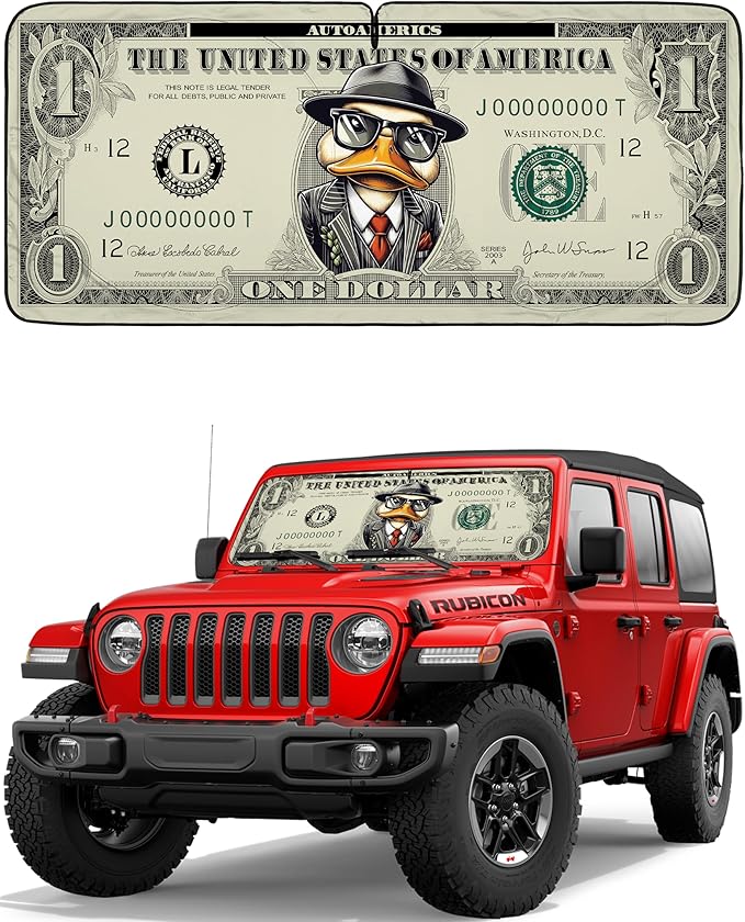 Autoamerics JeepWrangler Dollar Duck 1-Piece Windshield Sun Shade Foldable Car Front Window Sunshade - Best Heat Shield Reflector Cover - Blocks Max UV Rays & Keeps Your Vehicle Cool