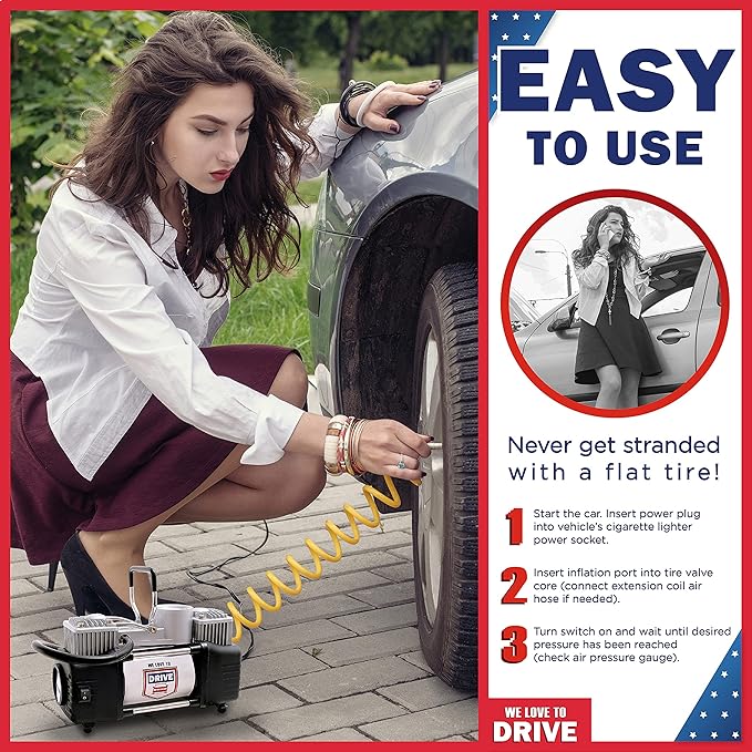 Tire Inflator Portable Air Compressor with Tire Repair Kit – 12V DC Dual Cylinder Air Pump for Car Tires, 150 PSI Tire Pump with Tire Pressure Gauge, Car Emergency Kit, and Cars Accessories Air Pump