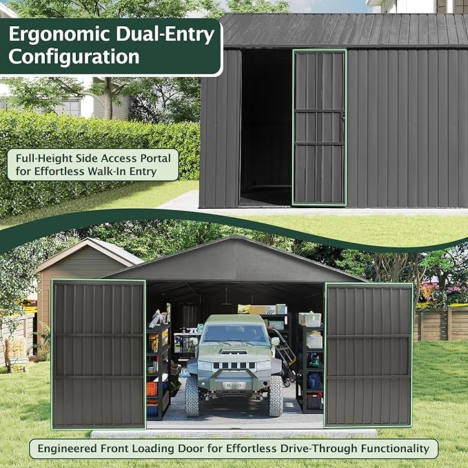 Domi 12’x20’ Outdoor Metal Garage Shed, All Weather Enclosed Carport with Sidewalls & 2 Lockable Doors, Extra Large Backyard Storage Shed for Car, Truck, Lawn Mower, 80MPH Wind Resistance, Dark Grey