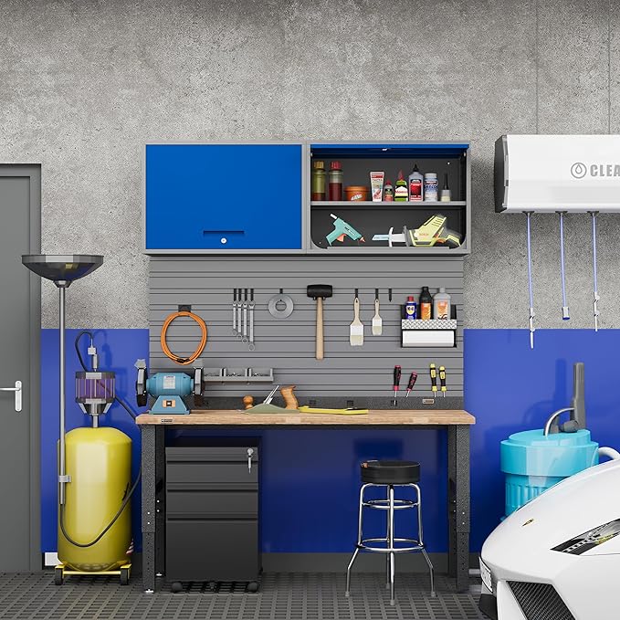 Metal Storage Cabinet Blue&Gray Wall Cabinets with Shelf and Locking Door - Wall Mounted Storage Cabinet for Garage Warehouse Home Office - Assembly Required