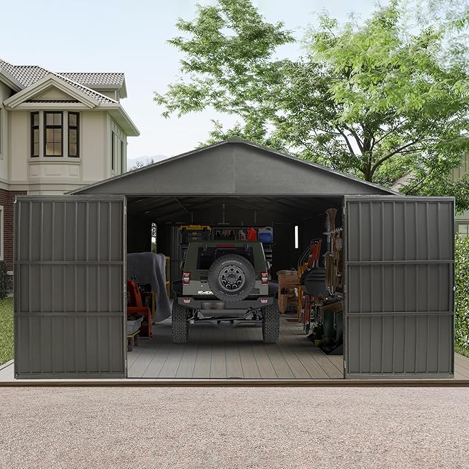 Domi 12x20FT Outdoor Garage Metal Shed, Extra Large Carport with Skylights & Dual-Entry, Backyard Storage Shed for Car, Truck, Lawn Mower and Tool, Dark Grey