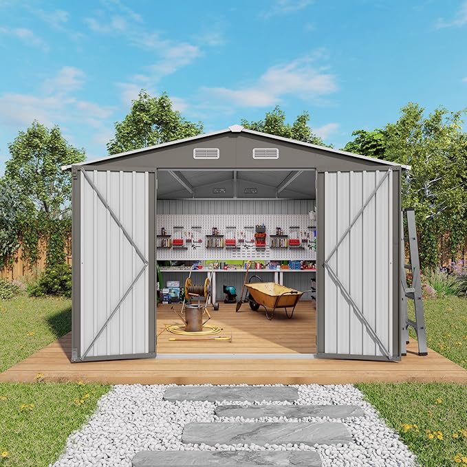 10X12 FT Outdoor Storage Shed with Windows, Metal Sheds & Outdoor Storage with Lockable Door and 4 Vents, Outside Storage Shed Waterproof for Backyard, Garden, Patio, Gray