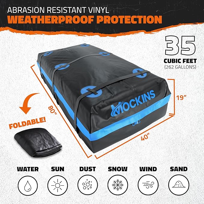Mockins XL 84"x39"x6" Extendable Roof Rack Cargo Carrier & 35 CuFt Waterproof Cargo Bag for Top of Car | 3 Length Sizes: 40",63",84" Luggage Rack for SUV, Car, & Truck with Roof Basket Accessories