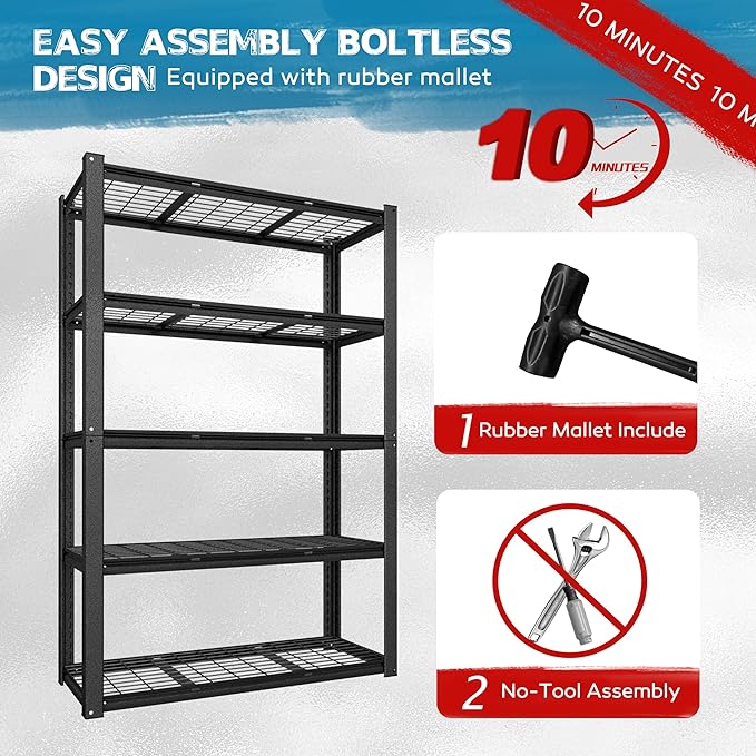 MUPATER 72" H x 47.6" W x 18.1" D Metal Storage Shelves, 5 Tier Shelves and Adjustable Shelves, Garage Shelving Unit, Standing Utility Rack for Warehouse Kitchen