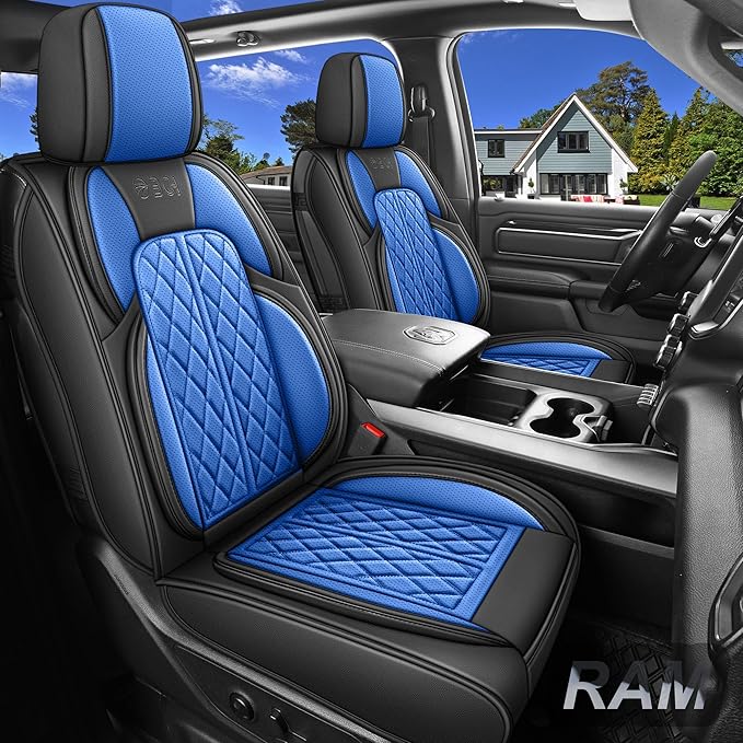 Car Seat Cover Custom Fit for Dodge Ram 1500 2500 3500 2009-2024 Faux Leather Seat Cover Set Compatible with Crew Quad Regular Cab Pickup Truck Cushions (Black & Blue, Full Set, Flat Rear)