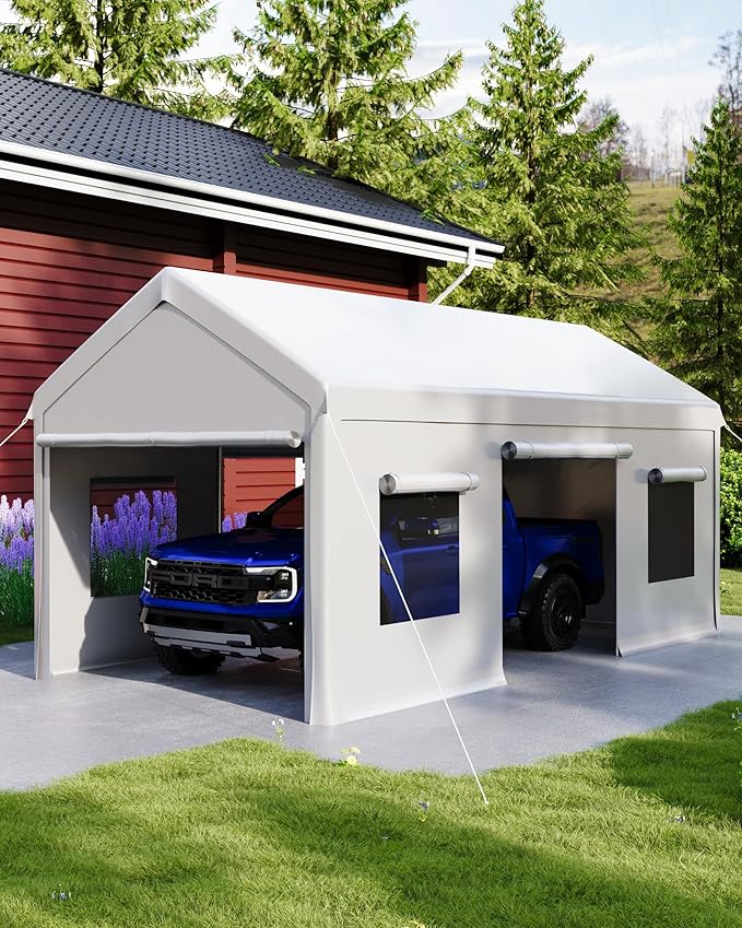 10 x 20ft Heavy-Duty Carport with Roll-Up Windows & Removable Sidewalls & Doors Thickened Wind Ropes, Ground Nails, Portable Car Tent Garage for Cars, Trucks, Boats, 180G Durable Tarp Cover,White