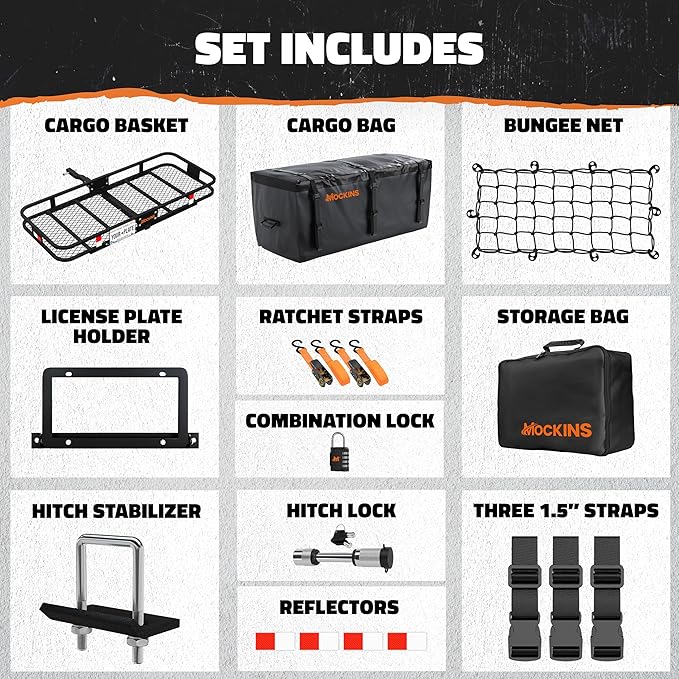 Mockins 60"x20"x6" Heavy Duty Trailer Hitch Cargo Carrier w/License Plate Holder & 16 Cu.Ft. Waterproof Cargo Bag for Hitch Carrier | All-Weather 500 Lbs. Cap Folding Luggage Rack for SUV Car & Truck
