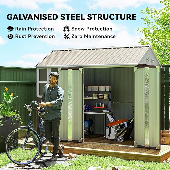 Outsunny 8' x 5.5' Outdoor Storage Shed, Metal Garden Shed with Window & Double Lockable Door, Outdoor Tool Shed Storage with Sloped Roof for Backyard, Patio, Garage, Lawn, Gray
