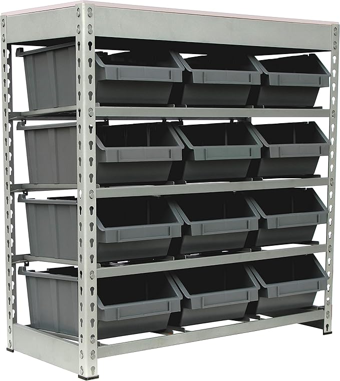 King's Rack Bin Rack Boltless Steel Storage System Organizer w/ 12 Plastic Bins in 4 Tiers