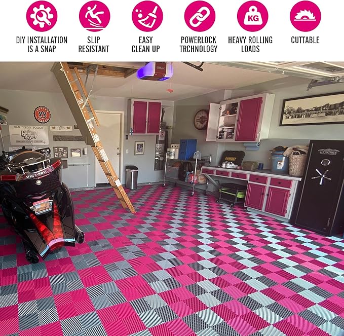15.7"x15.7" Garage Flooring Tiles, Non-Slip Interlocking Plastic Garage Floor Mat, Garage Organization & Garage Storage, Vented Pattern (Carnival Pink, 25PCS)