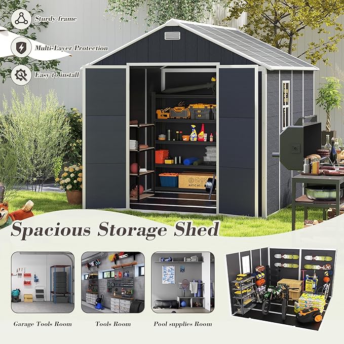 MyVoice 8x8 FT Outdoor Resin Storage Shed with HD Window, Rustproof Waterproof Garden Tool Shed, 12mm Thickened PP Panels, Large Capacity Outdoor Utility House for Backyard Patio (with Floor)