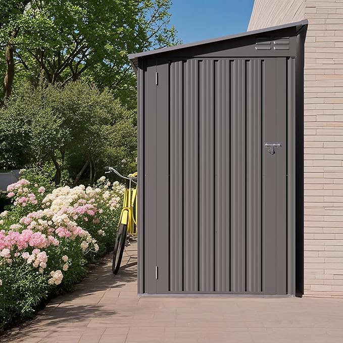 4x9 FT Outdoor Storage Shed,Lean to Metal Shed W/Window,All Weather Waterproof Garden Storage Shed W/ 6 Air Vents & 1 Lockable Door,Weatherproof Tool House W/Sloped Roof,for Lawn,Gray