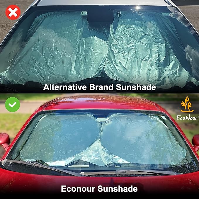 EcoNour Windshield Sun Shade with Mirror Cut | Foldable 240T Polyester Car Sun Shade for Heat, and UV Rays | Windshield Sunshade for Front Window Sun Block and Interior Cooling | Large (64" x 34")