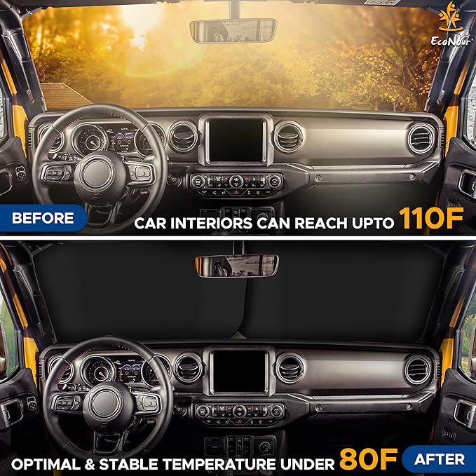 EcoNour 2-Piece Windshield Sun Shade for Jeep | Foldable Jeep Wrangler Sun Shade/Jeep Gladiator Sun Shade fit for Jeep Wrangler JL JLU 2018-2025 / Jeep Gladiator 2020-2025 | Keeps Car Interior Cooler