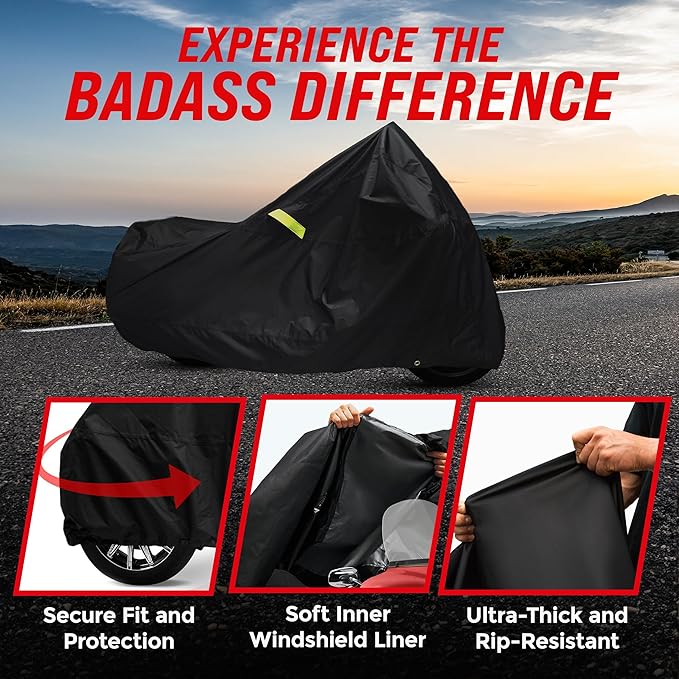 Badass Moto Ultimate Motorcycle Cover Waterproof Outdoor Heavy Duty Durable All Season Storage Harsh Weather Sun Rain Cover fits Harley Davidson Street Glide, Vulcan, Shadow, Cruiser Bikes. Large 97L