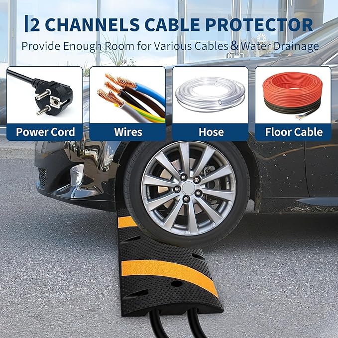 6FT Speed Bumps Wite End for Road, Heavy-Duty 25,000 Lbs Capacity Traffic Rubber Speed Humps with 2 Channel Floor Cord Cover for Asphalt Concrete Gravel Driveway Road