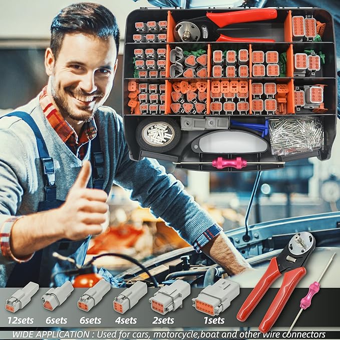 378 PCS DT Deutsch Series Waterproof Connector Kit, 2 3 4 6 8 12 Pin Connectors, Crimping Tool(12-20AWG) & DT Removal Tool, Size 16 Solid Terminal Contacts (14-20AWG) for Cars Motorcycle Boat