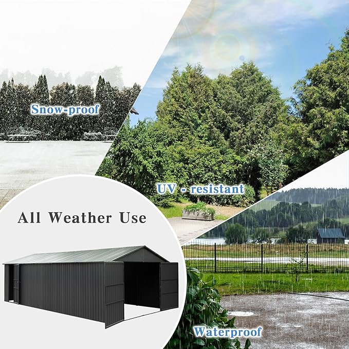 Domi 12x20FT Outdoor Garage Metal Shed, Extra Large Carport with Skylights & Dual-Entry, Backyard Storage Shed for Car, Truck, Lawn Mower and Tool, Dark Grey
