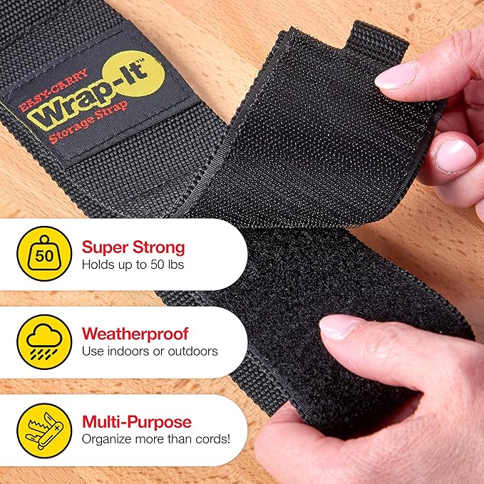 Easy-Carry Wrap-It Storage Straps - 28” (2-Pack) – Heavy-Duty Hook and Loop Extension Cord Carrying Strap, Hanger, Keeper, Organizer with Handle for Pool, Boat, RV, Garden Hoses, Cords, and Cables