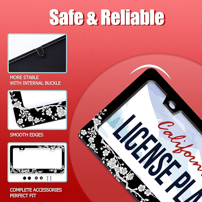 Cherry Blossoms License Plate Frame Beautiful Floral License Plate Frames for Car Decorative Parts Stainless Stee License Plate for Standard Us Canada Funny License Plate Holder 12x6 in for Men Women