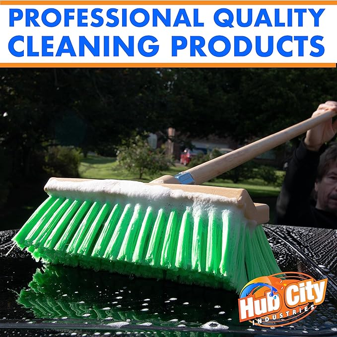 Hub City Industry 10- inch Car Wash Brush, Bi- Level Brush, Soft Nylon Bristle, car Accessories, Cleaning Supplies, Automotive wash Brush,Flagged Green Poly Bristle