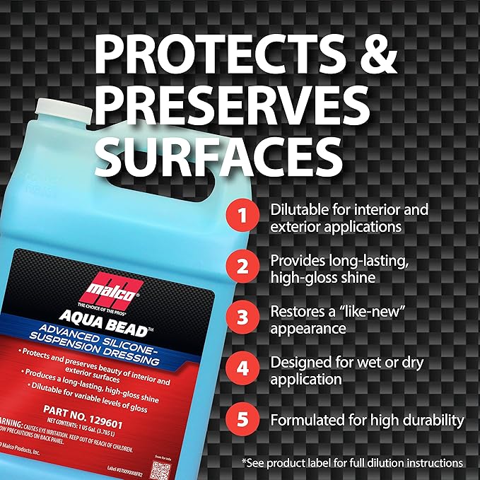 Malco Aqua Bead Water Based Dressing - Non-Greasy Interior and Exterior Dressing/Shines Car Tires, Rubber, Plastic and Trim/Concentrated Formula, Dilutable for Variable Gloss / 1 Gallon (129601)