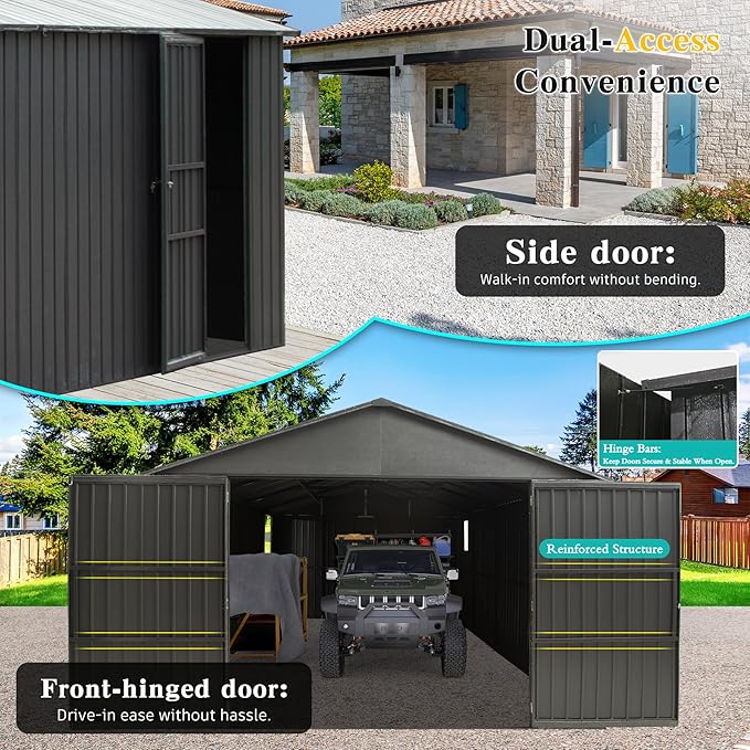 Domi 12x25FT Outdoor Metal Garage Shed, Extra Large Carport with Skylights & Dual-Entry, Backyard Storage Shed for Car, Truck, Lawn Mower and Tool, Dark Grey