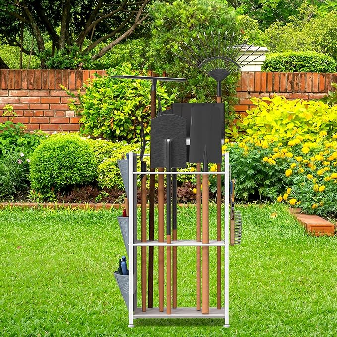 YBING Garden Tool Organizer, Yard Tool Stand with Side Storage Pockets, Yard Tower Rack for Garage Storage, Freestanding Tools Organizers and Storage for Shed, Gray