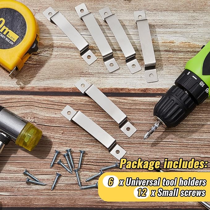 6 Pcs Tape Measure Clip Tape Measure Holder Bench Belt Universal Tool with Screws Stainless Steel Tool Hanger Storage Dock for Mount Drill Power Measures and Belt Clips (Silver)
