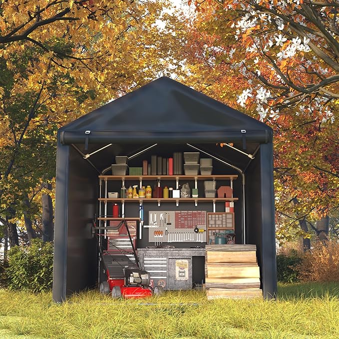 EROMMY 5x7 FT Carport Storage Shed, Heavy Duty Outdoor Storage Shed with Rolled up Zipper Door, Carport Canopy for Motorcycles, Bikes and Outdoor Tools