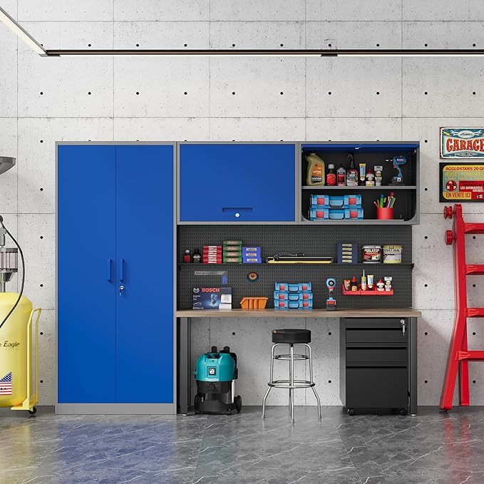 Metal Storage Cabinet Blue&Gray Wall Cabinets with Shelf and Locking Door - Wall Mounted Storage Cabinet for Garage Warehouse Home Office - Assembly Required