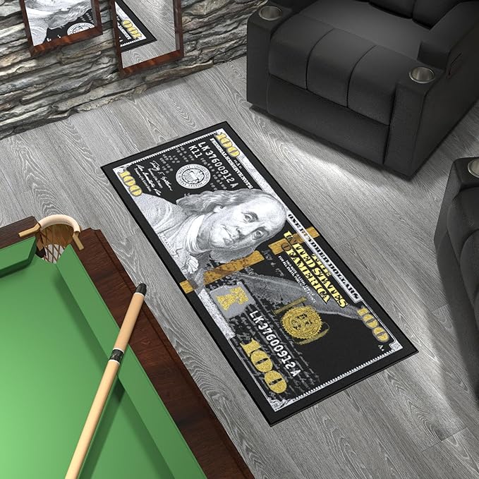 Ottomanson 22" x 53" $100 Bill Money Rug - Durable & Non-Slip Area Rug - Fun & Eye-Catching Decor for Bedroom, Office, Game Room & Man Cave - Unique Gift for & Trendy Home Decor, Black/Gold