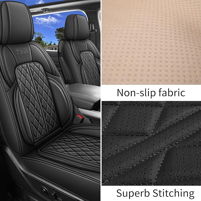 Car Seat Cover Custom Fit for Dodge Ram 1500 2500 3500 2002-2024 Faux Leather Seat Cover Set Compatible with Crew Quad Regular Cab Pickup Truck Cushions (Black, Full Set, Flat Rear)