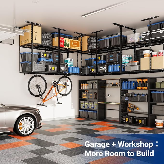 FLEXIMOUNTS 3x8 2-Tier Overhead Garage Storage Rack – Adjustable Heavy Duty Metal Garage Ceiling Storage Racks, 1000 lbs Capacity – Garages Organization System for 10–15 ft Tall Garages, Black
