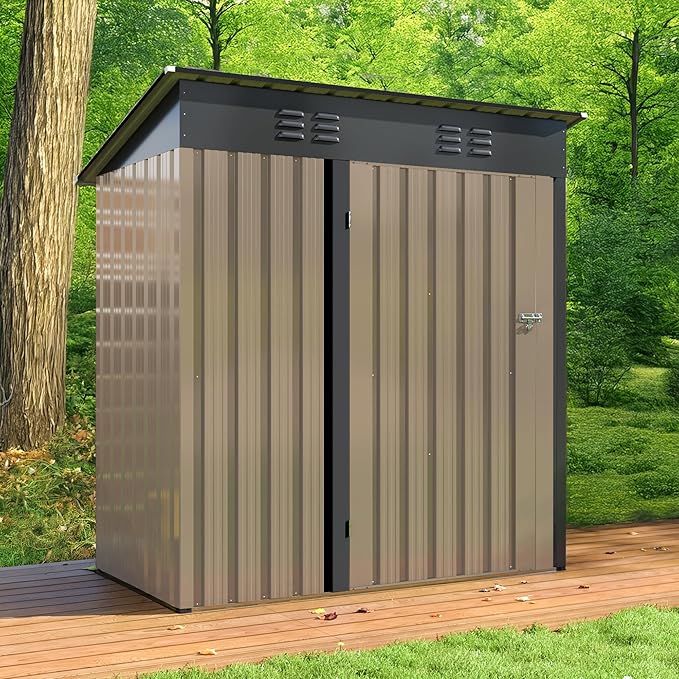 WKM 5x3 FT Outdoor Storage Shed, Utility Metal Tool Storage with Lockable Doors and Updated Frame Structure, Large Metal Garden Shed for Backyard, Patio Lawn,Brown