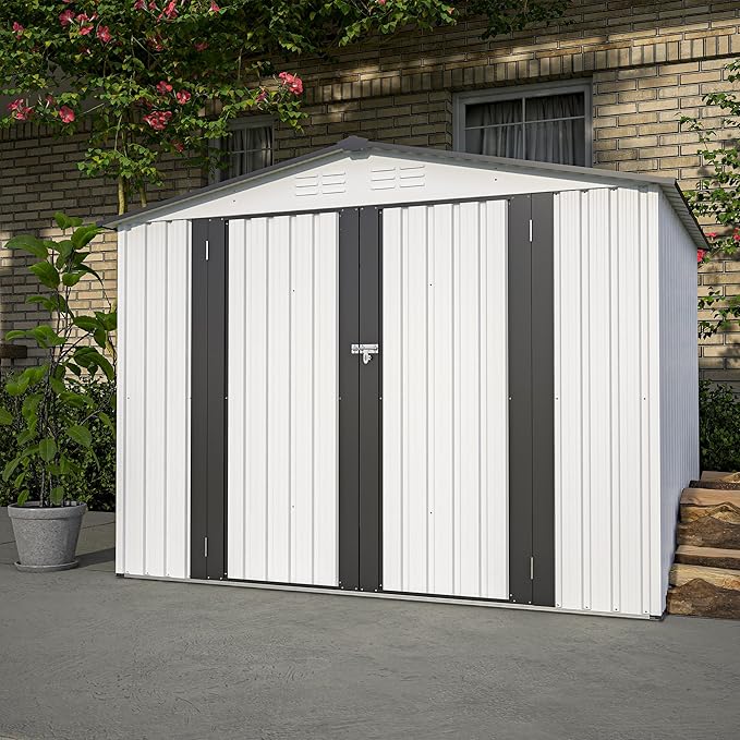 8x6 FT Outdoor Metal Storage Shed with Lockable Door & Floor Frame, Heavy-Duty Garden Tool Shed, Weatherproof Steel Utility Shed for Backyard, Patio, or Lawn Organization