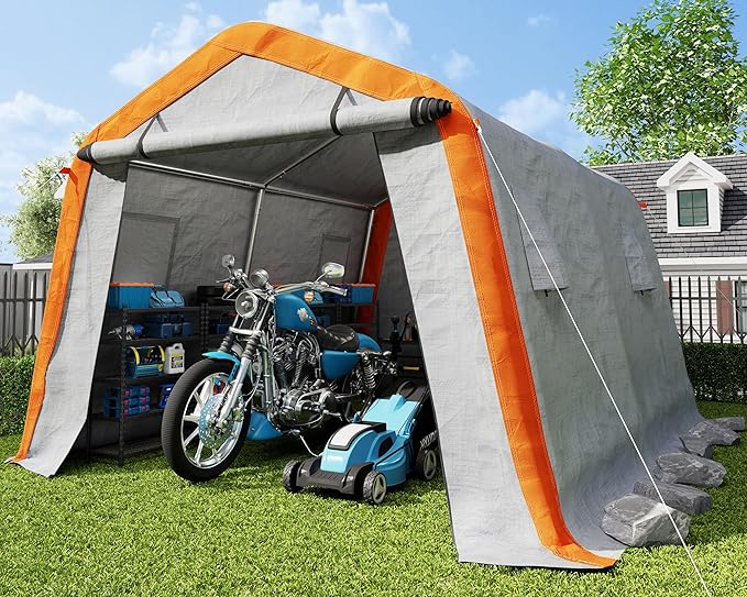 AMERLIFE 10.5x12x8 FT Heavy Duty Portable Shed Storage Shelter, Outdoor Storage Shed with 4 Waterproof Windows & Roll-up Zipper Door, Carport for Motorcycle, Bike, Grey
