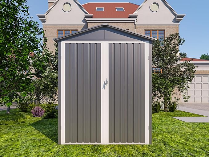 Motorcycle Steel Storage Shed with Window & Tracks,Outdoor Weather-Resistant Storage Box for Bikes, Tools, Sports Equipment,Easy Assembly, 121" W Gray+White