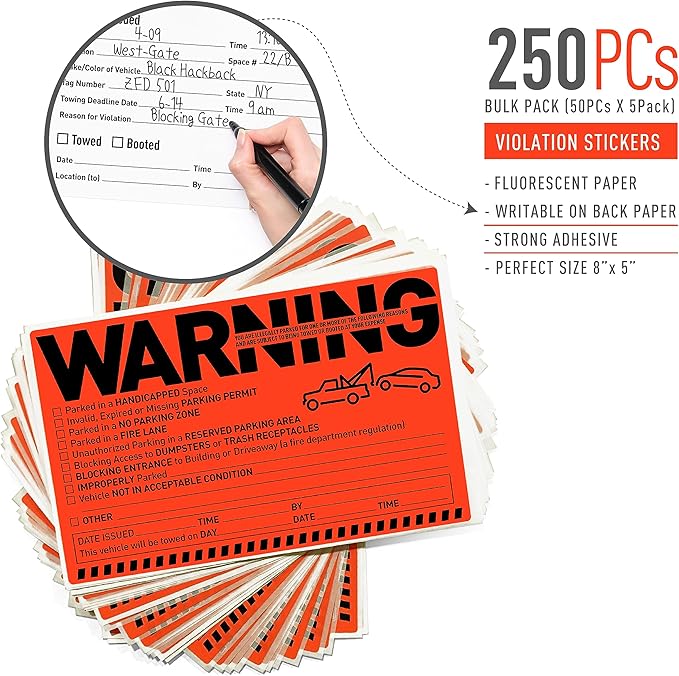 Easykart Labels 250 Parking Violation Notice Tow Stickers for Car Vehicle - Private Parking Warning Adhesive Car Window Fluorescent Labels (5 Pack)