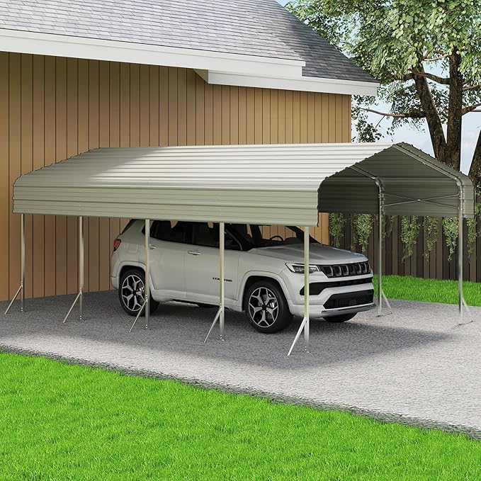12x20ft Heavy Duty Metal Carport – Outdoor Galvanized Garage, Sturdy Structure, All-Weather Protection, Easy Assembly for Cars, Trucks, Boats, Tractors, and Outdoor Storage (White, 12x20FT)
