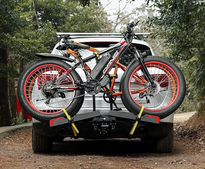 2 E-Bike Foldable Hitch Mount Bike Rack for 2" Receiver SUV & Trucks, Up to 4'' Fat Tire, Lockable Hitch Racks for E-Bike with Ramp and Wheels, 180 LBS Capacity