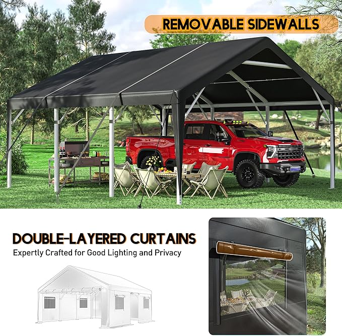 Bepatio 2 Car Carport, 20 x 20 Heavy Duty Metal Carport, All Weather Extra Large Car Port, Outdoor Portable Garage with Side-Opening Doors & Roll-Up Windows