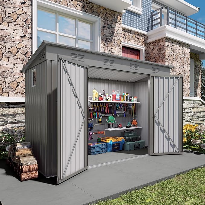 4x9 FT Lean to Shed with Window, Metal Sheds & Outdoor Storage with 6 Vents and 2 Swing Doors, Outdoor Storage Shed Waterproof for Backyard, Garden, Patio, Gray