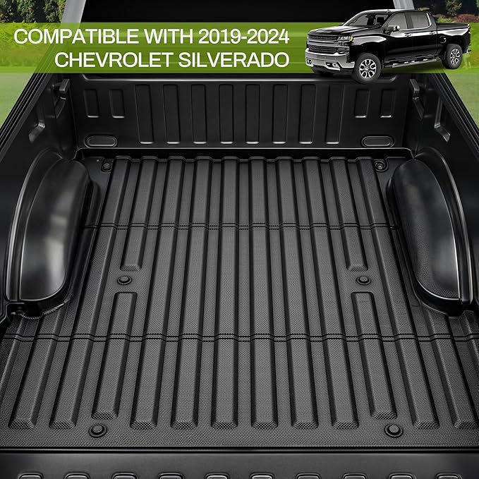 AUTOSAVER88 5.8FT Truck Bed Mat Fit for Chevrolet Silverado/GMC Sierra 1500 2019-2025, All Weather Protection TPE Heavy Duty Pickup Cargo Mat for Chevy Silverado Bed Liner Accessories, Black