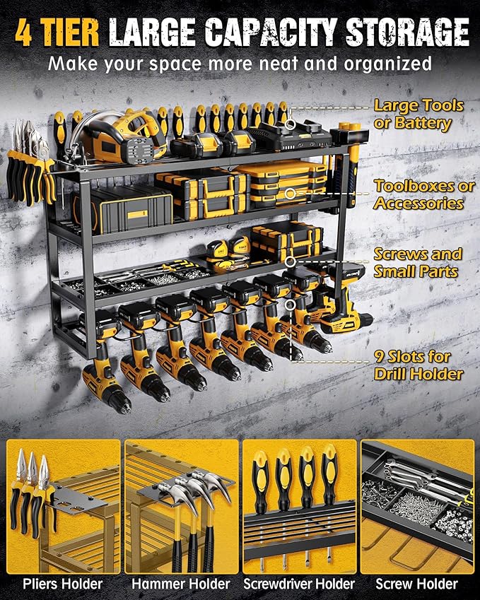 MAXIFFE 4 Layer Power Tool Organizer, 9 Drill Holder Heavy Duty Metal Wall Mount Cordless Tool Organizers and Storage Rack Holder for Garage Workshop Pegboard, Gifts for Men, Black, 32 inch