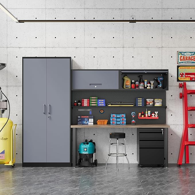 Metal Storage Cabinet Black&Gray Wall Cabinets with Locking Door - Wall Mounted Storage Cabinet for Garage Warehouse Home Office - Assembly Required